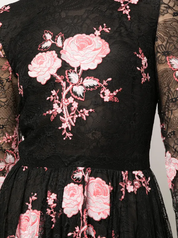 Giambattista Valli Floral Embroidered Pleated Skirt Dress | Black