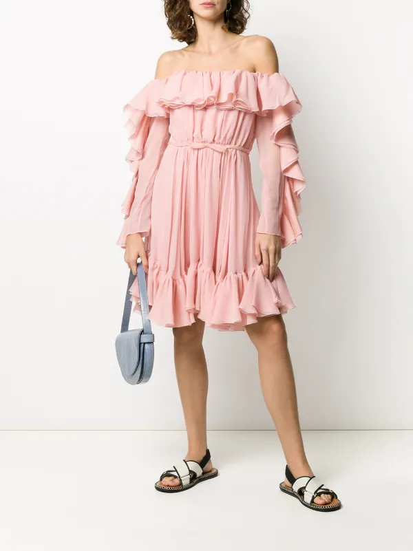 pink ruffle off the shoulder dress