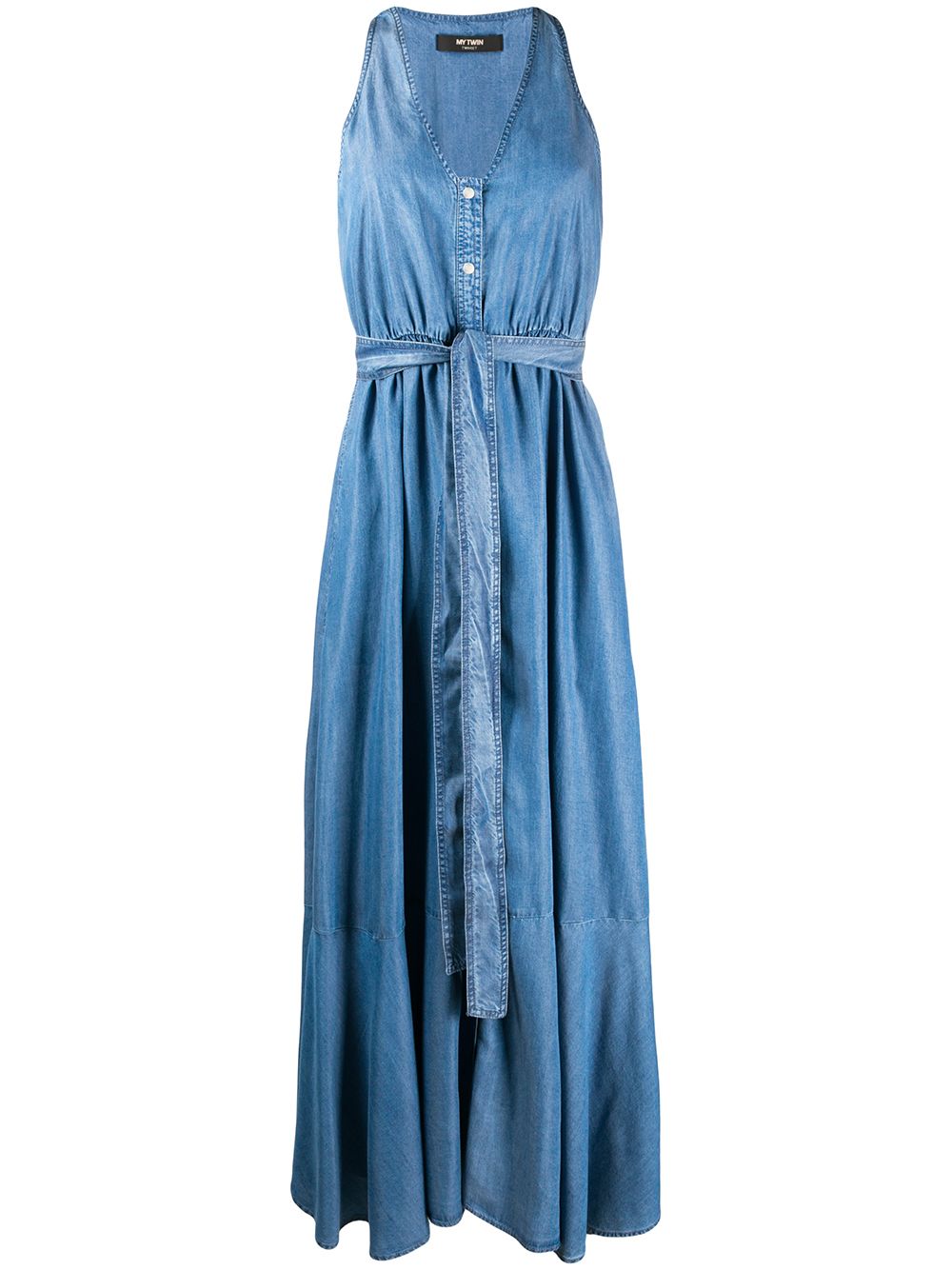 Shop Twinset Waist-tied Denim Midi Dress In Blue