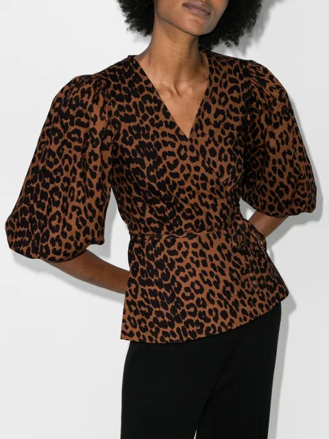 Shop GANNI leopard-print wrap blouse 