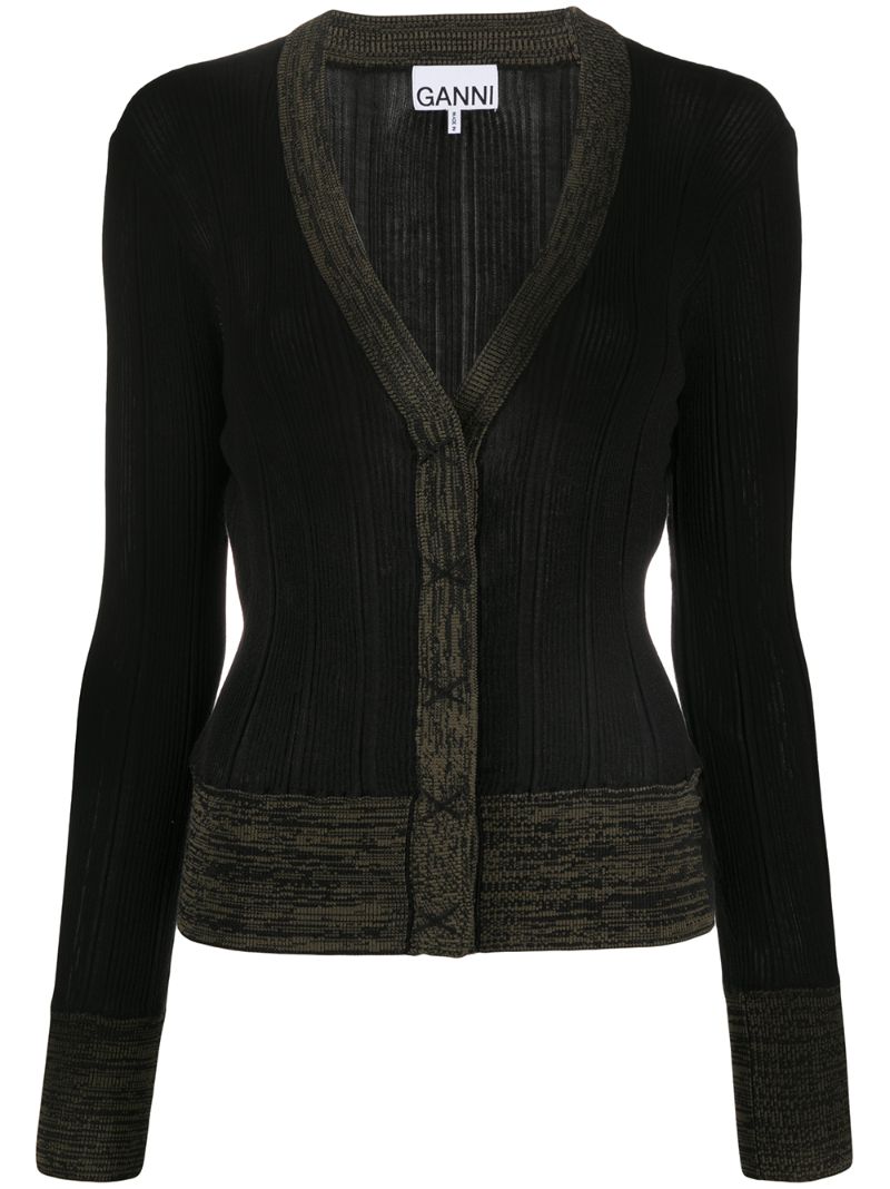 Ganni Contrast-trim Ribbed Cardigan In Black