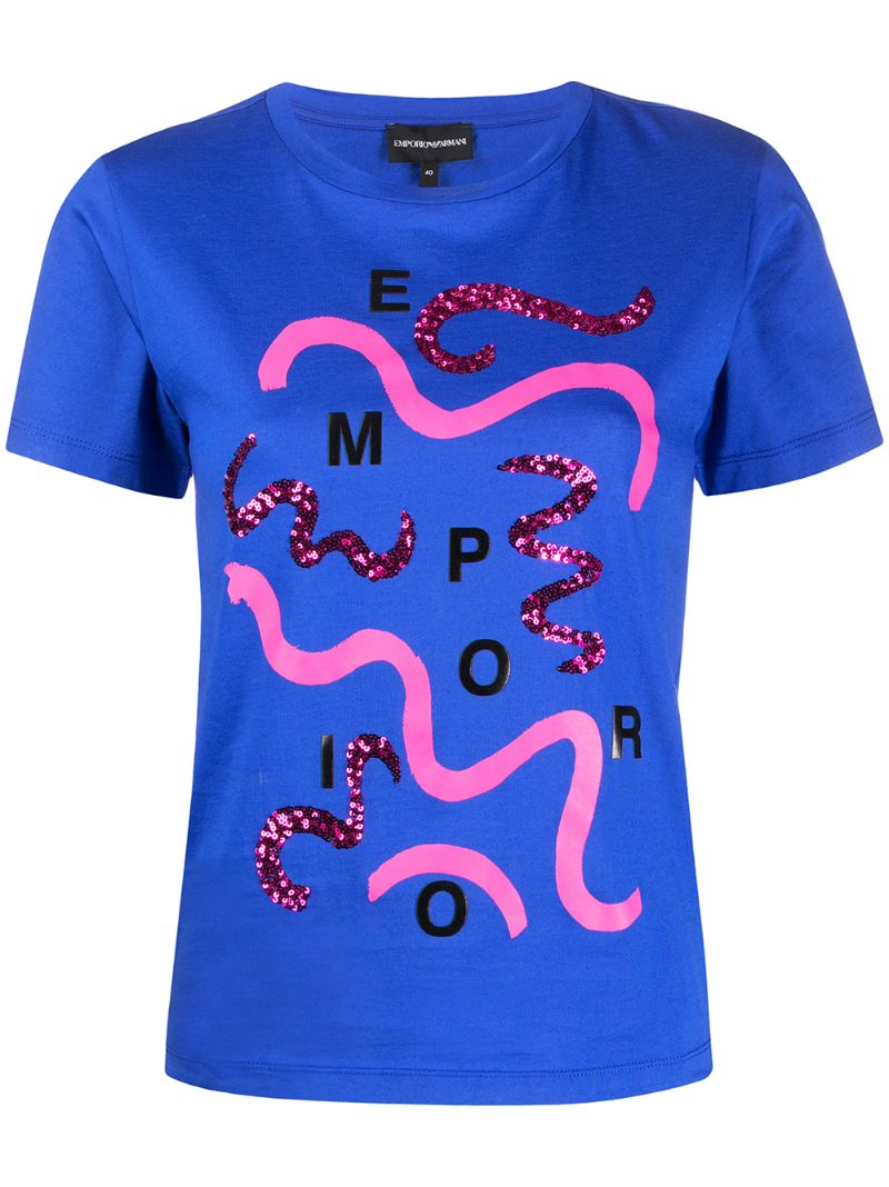 Emporio Armani Sequin-embellished Printed T-shirt In Blue