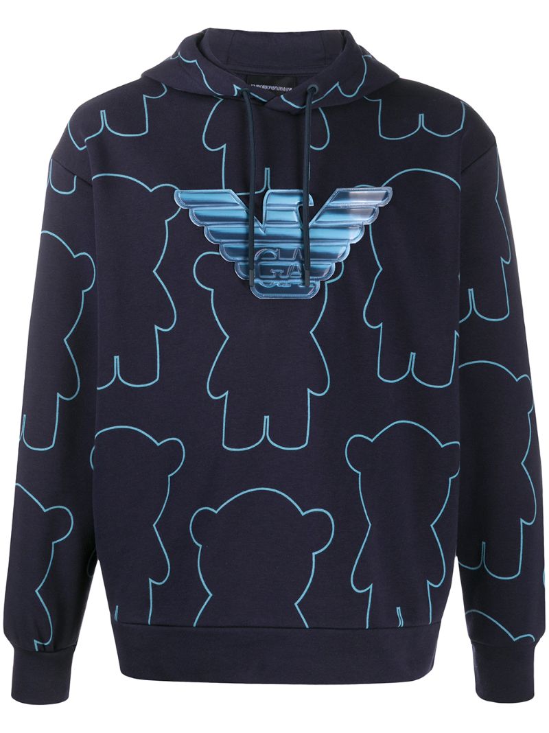 Emporio Armani Printed Logo Patch Hoodie In Blue