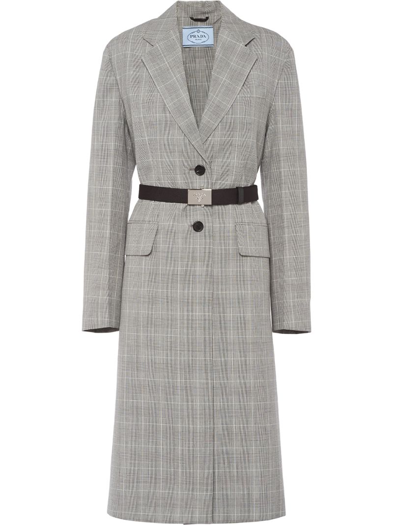 Shop Prada Prince Of Wales Knee-length Coat In Grey