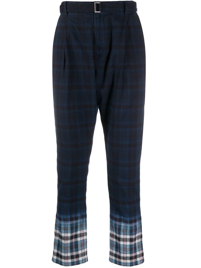 Sacai Madras Plaid Straight Leg Trousers In Blue