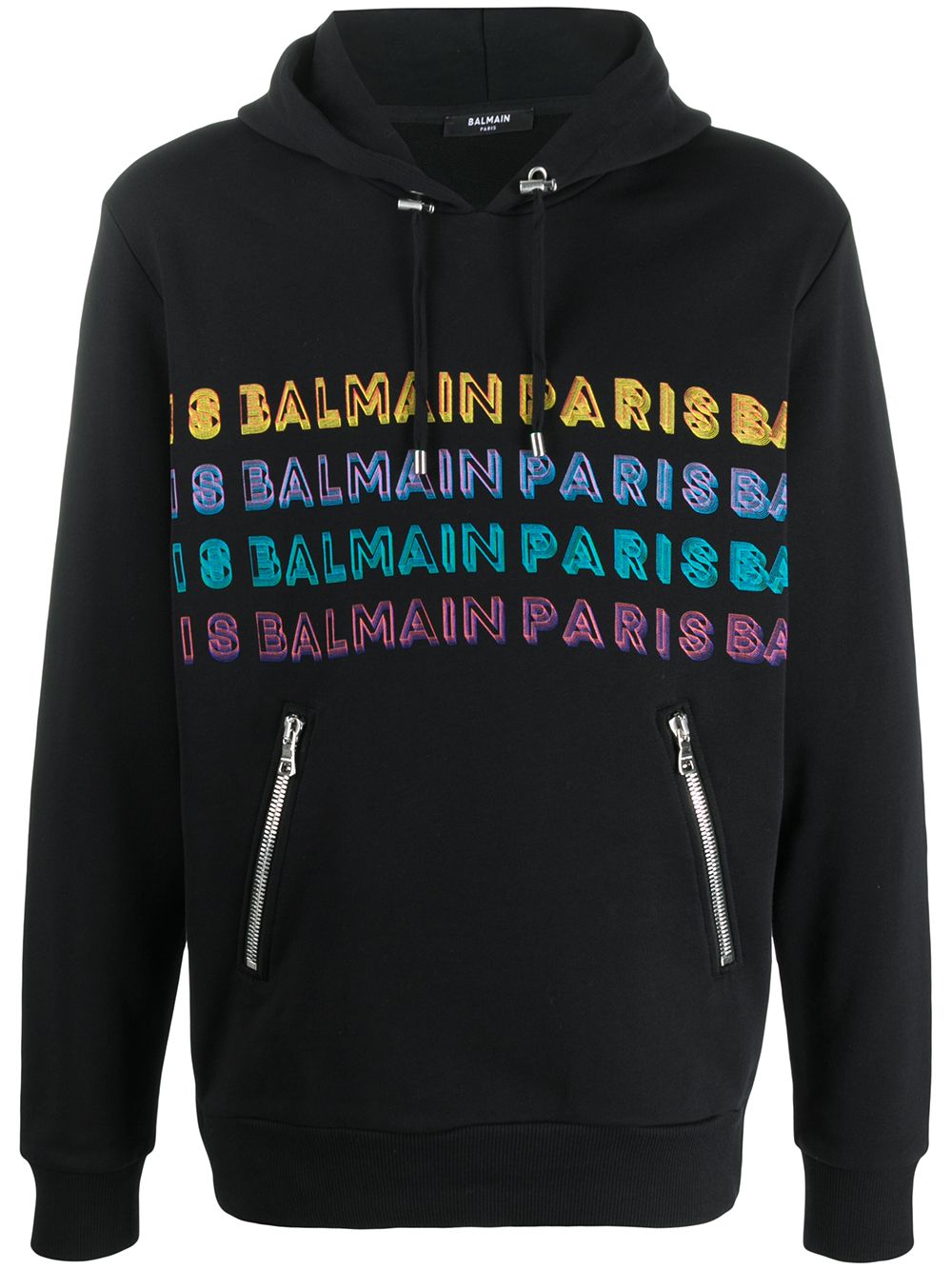 Shop Balmain Logo Drawstring Hoodie In Black