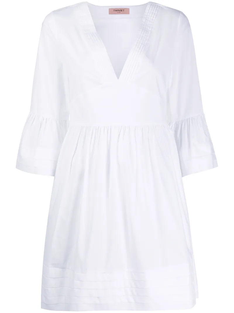 Twinset Poplin Pleated Detail Dress In White