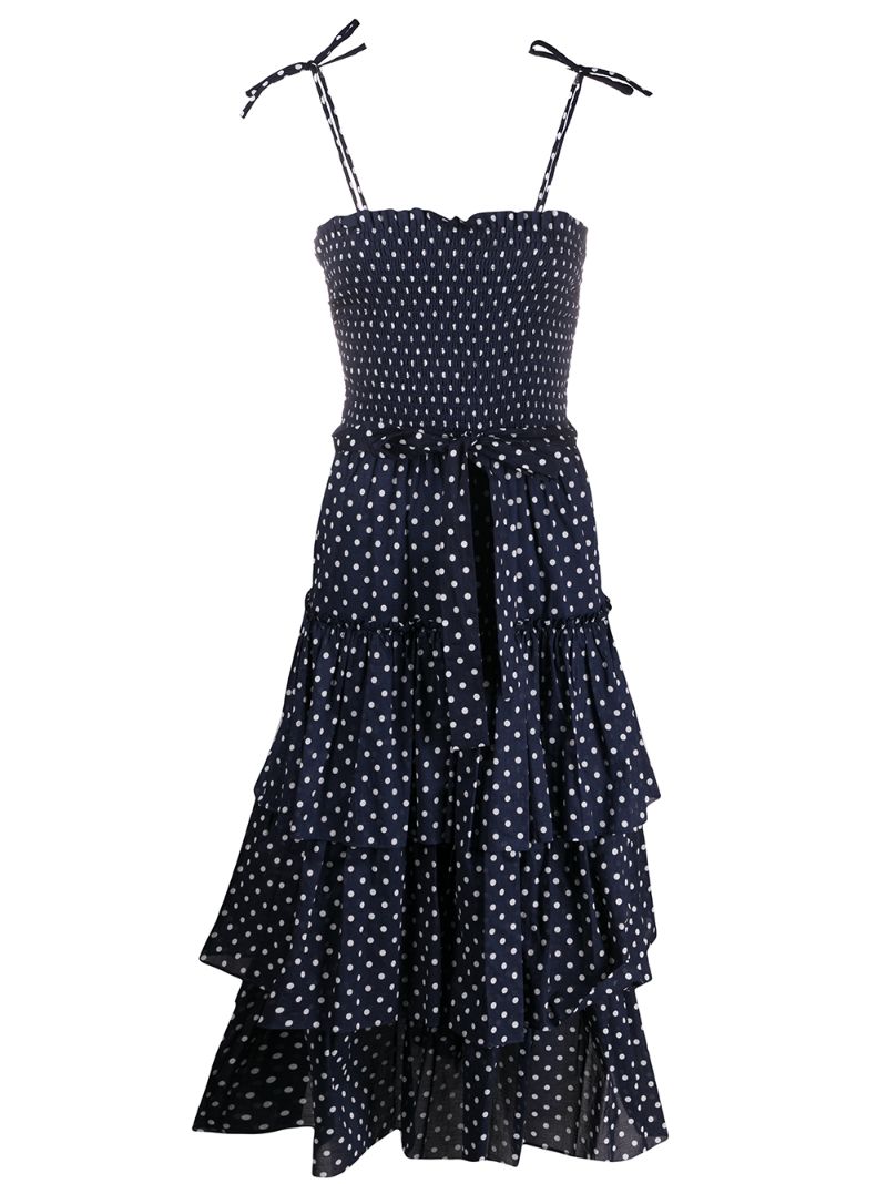 Shop Tory Burch Polka-dot Print Smocked Midi Dress In Blue