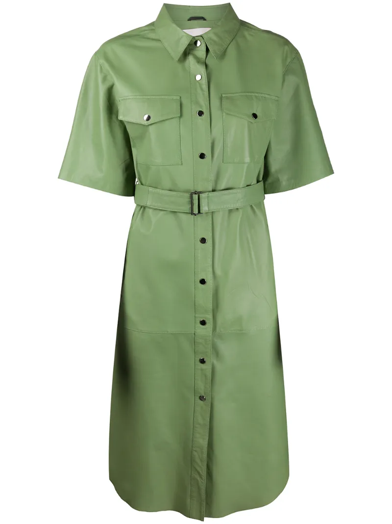 Tela Leather Belted Shirt Dress In Green | ModeSens