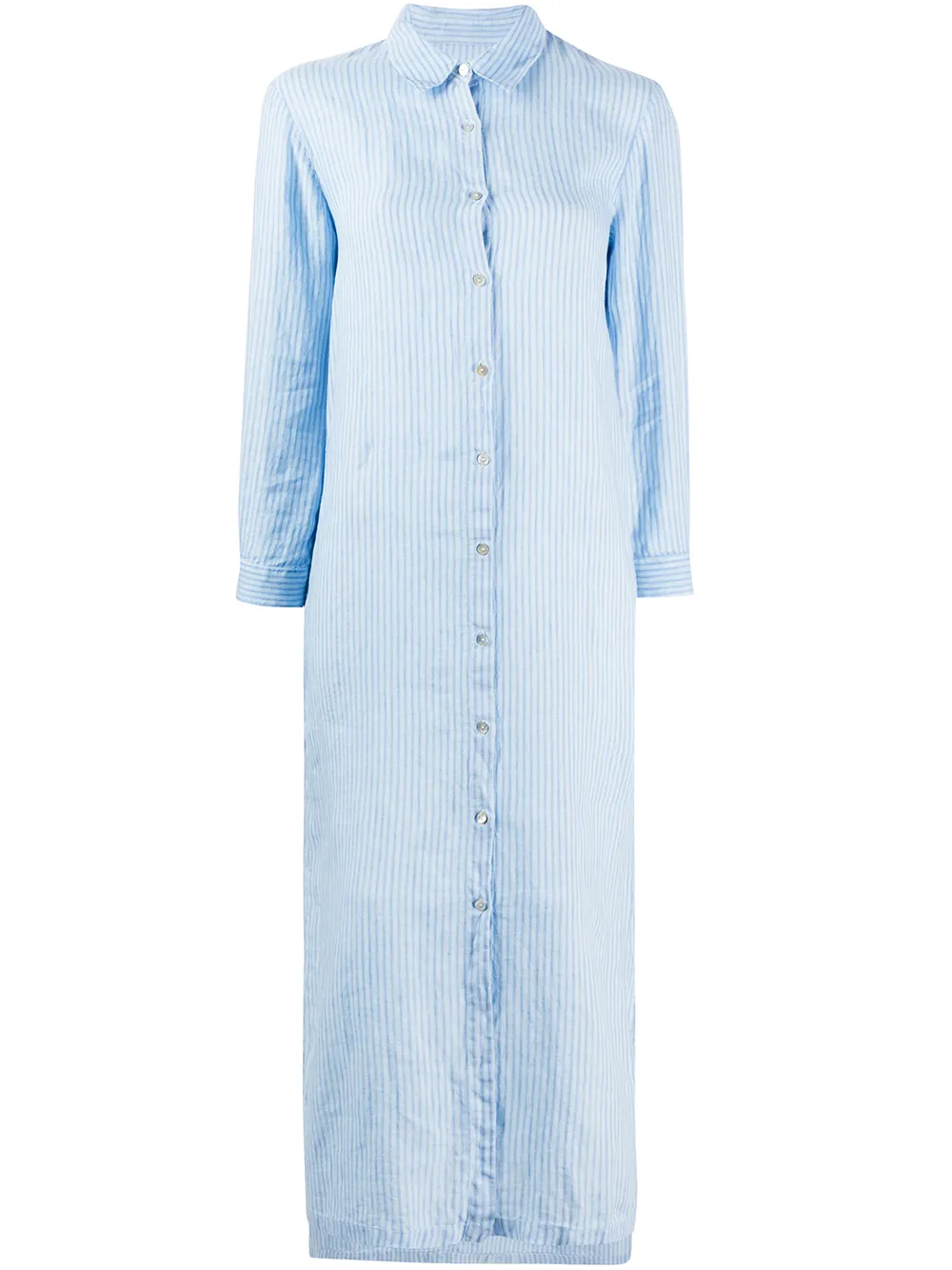 120% Lino Striped Long-sleeve Shirt Dress In Blue