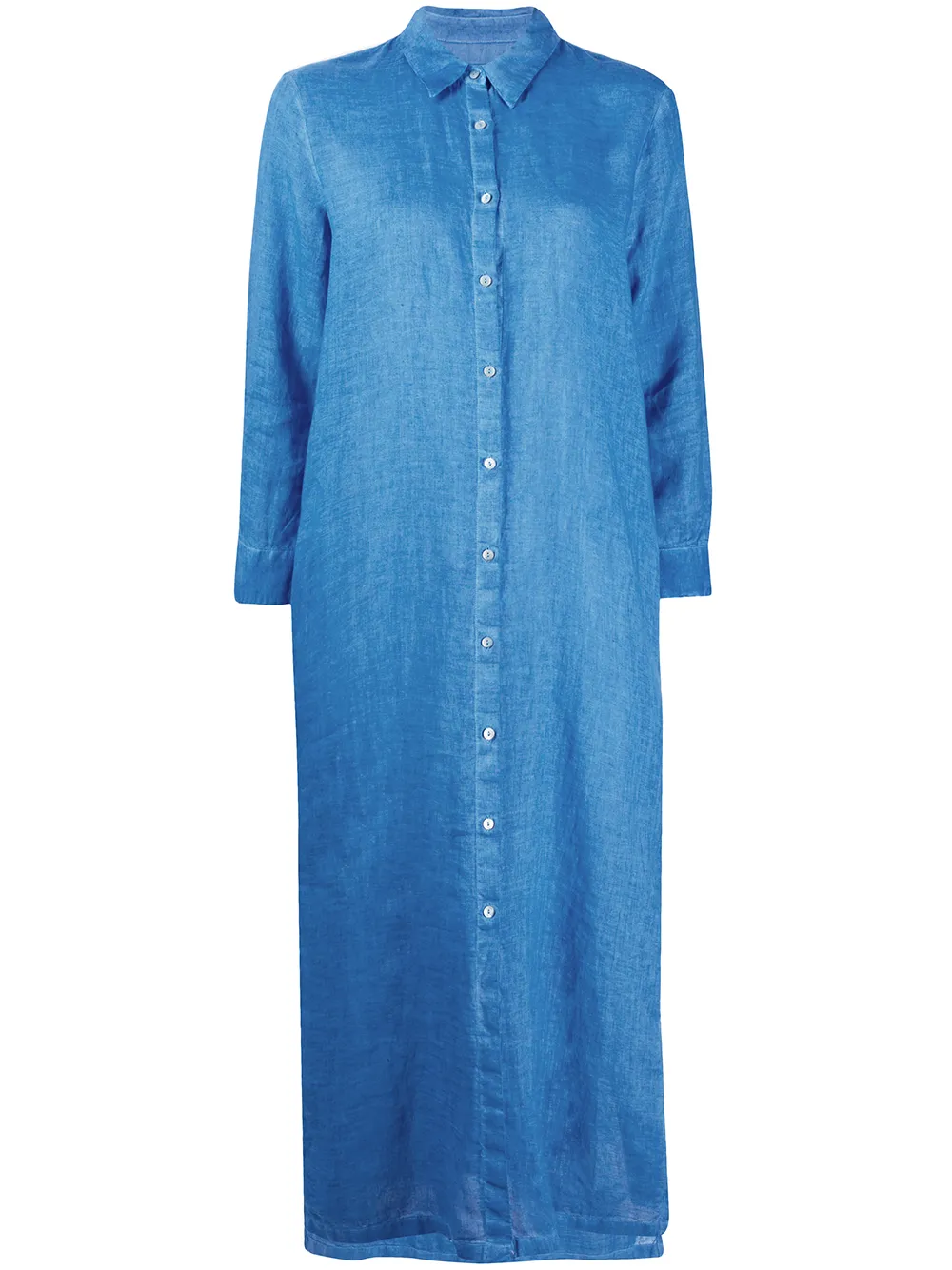 120% Lino Long-sleeve Shirt Dress In Blue