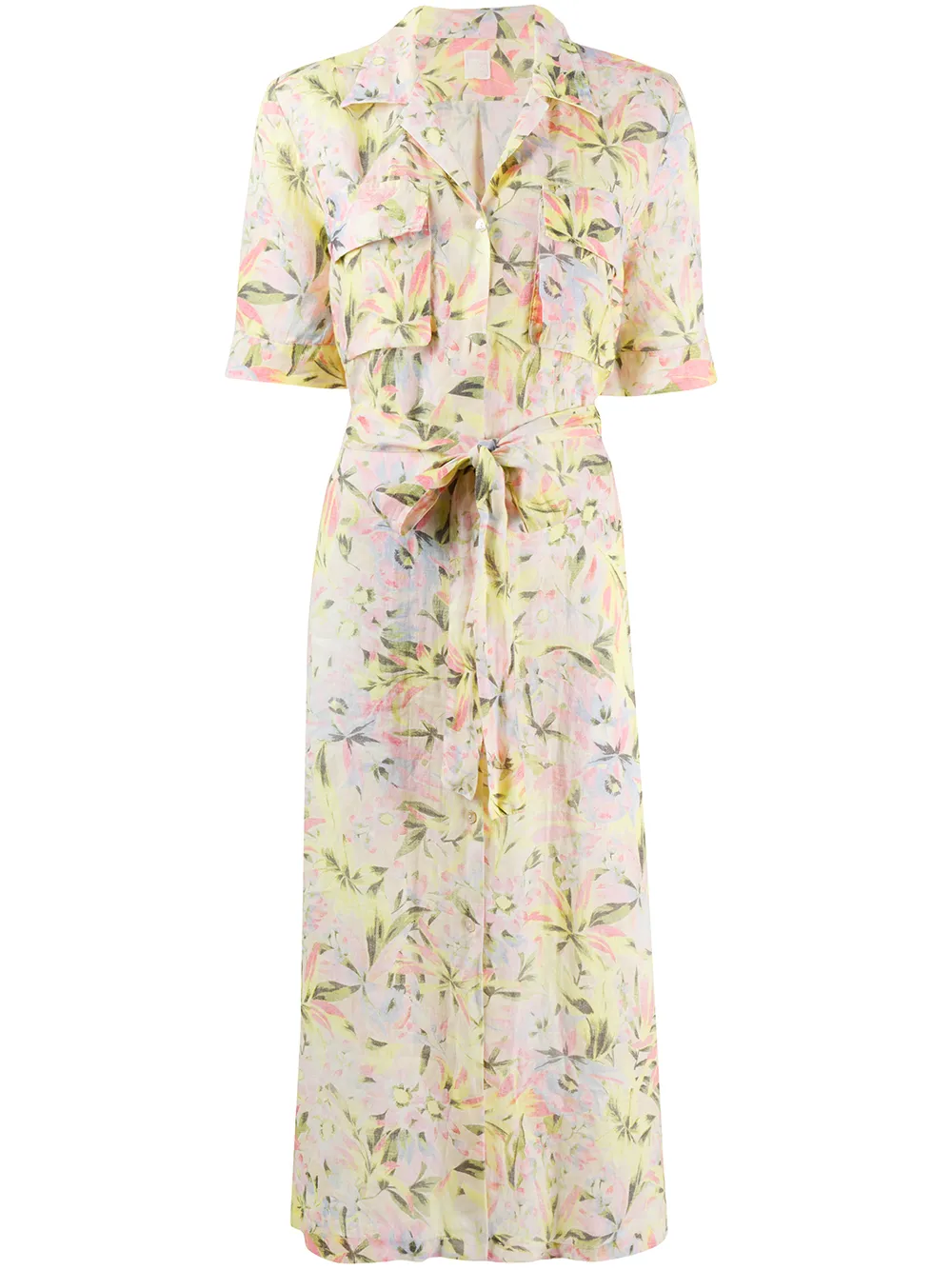 120% Lino Floral Waist-tied Shirt Dress In Yellow