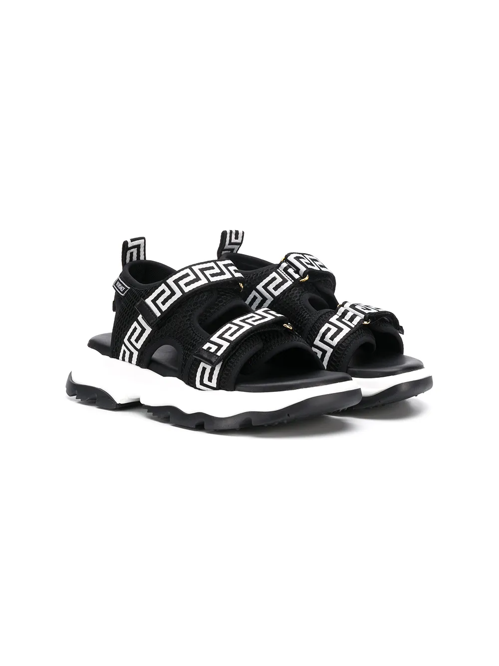 Young Versace Greca-strap Mesh Sandals In Black