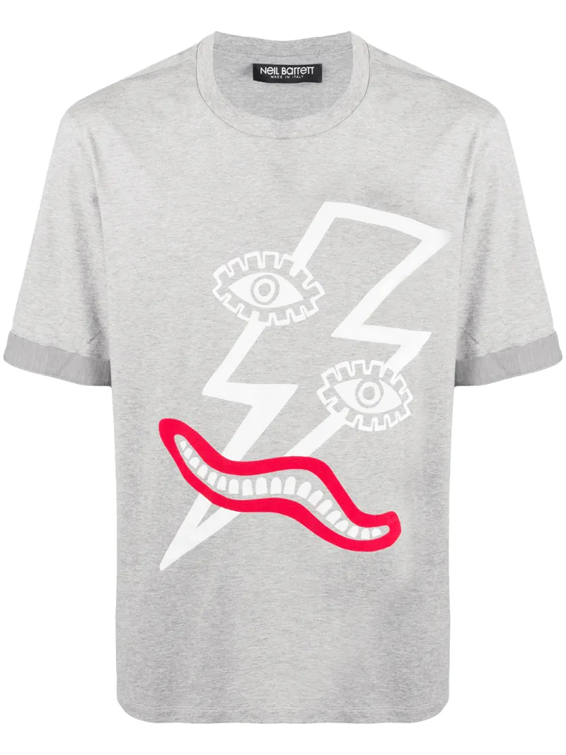 Neil Barrett Thunderbolt Face Print T-shirt In Grey