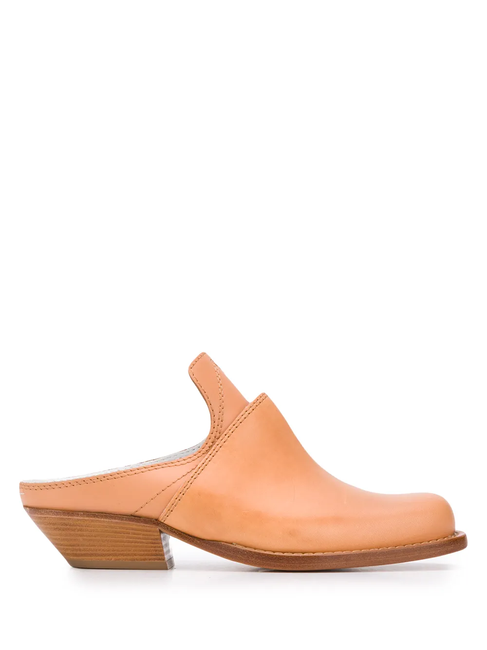 brown leather heeled mules