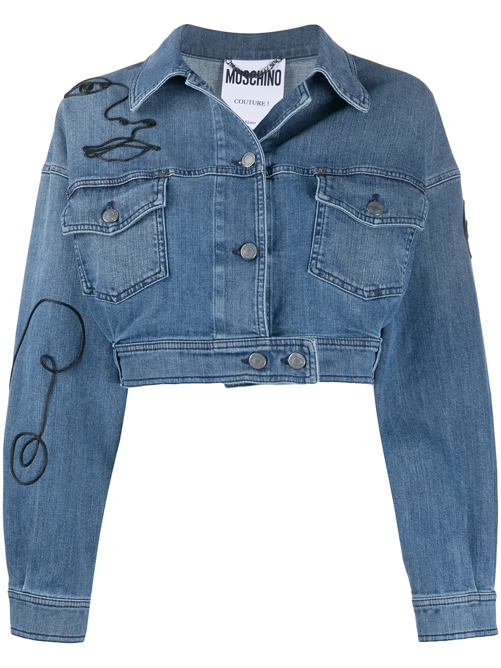 Moschino Embroidered Cropped Denim Jacket In Blue