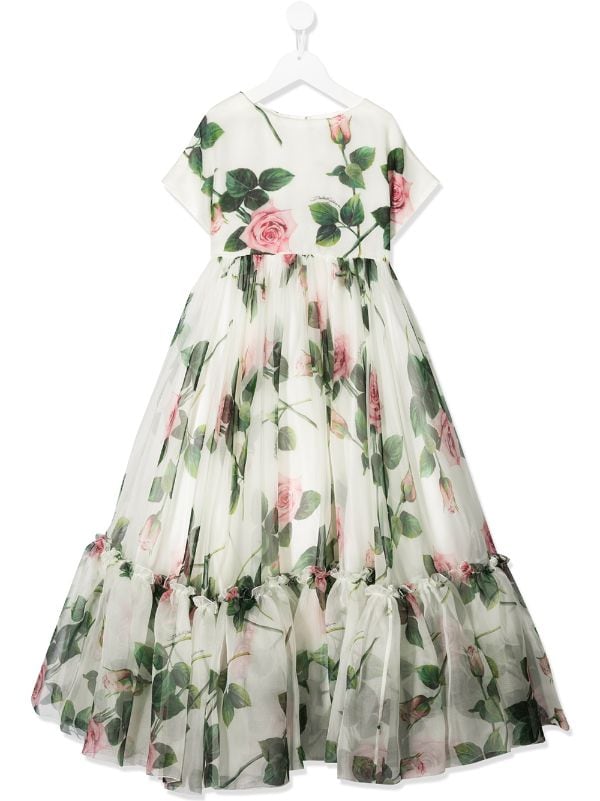 Dolce Gabbana Kids Tropical Rose Print Flared Dress -