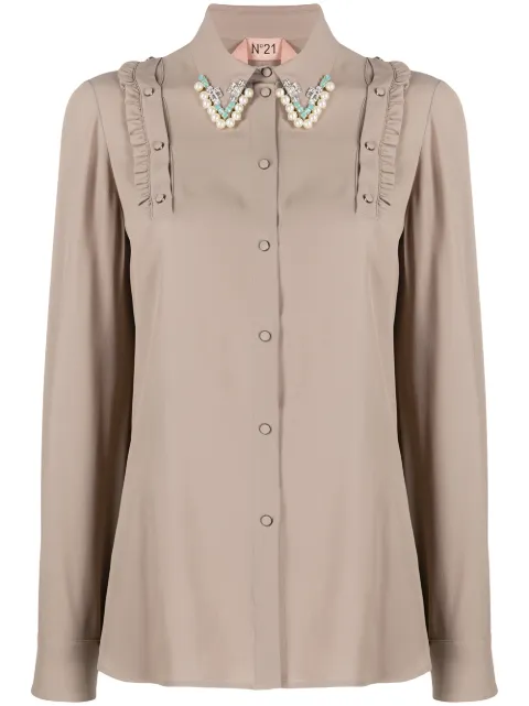 Nº21 pearl and crystal embellished collar blouse
