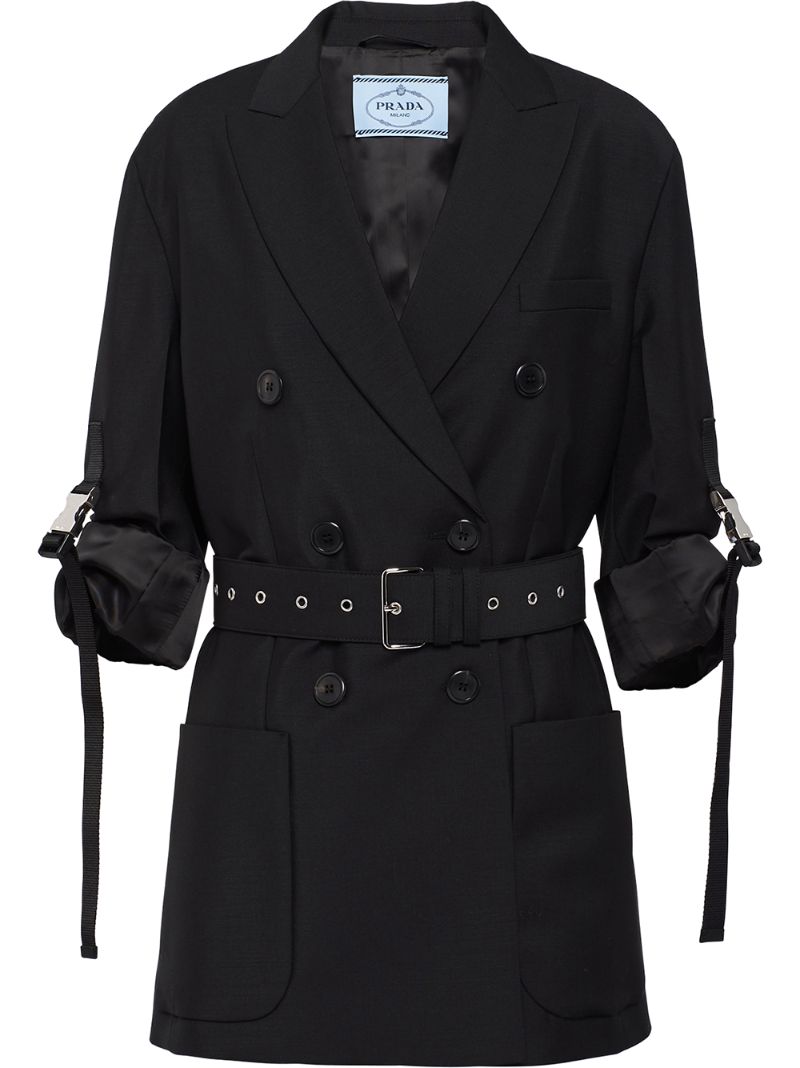 Shop Prada Belted Double-breasted Blazer In Black