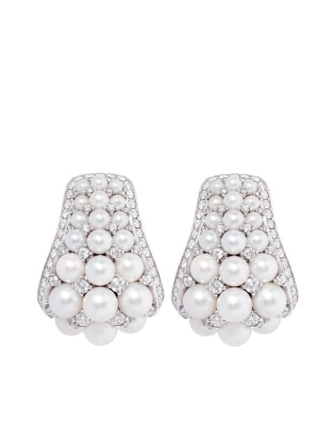 David Morris 18kt white gold Pearl Rose Deco diamond and pearl hoops earrings