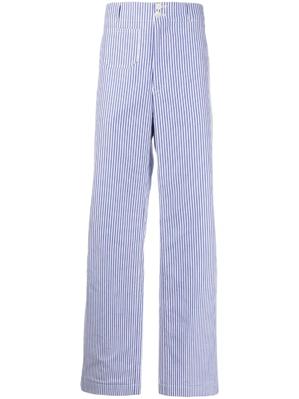 blue and white striped wide leg trousers