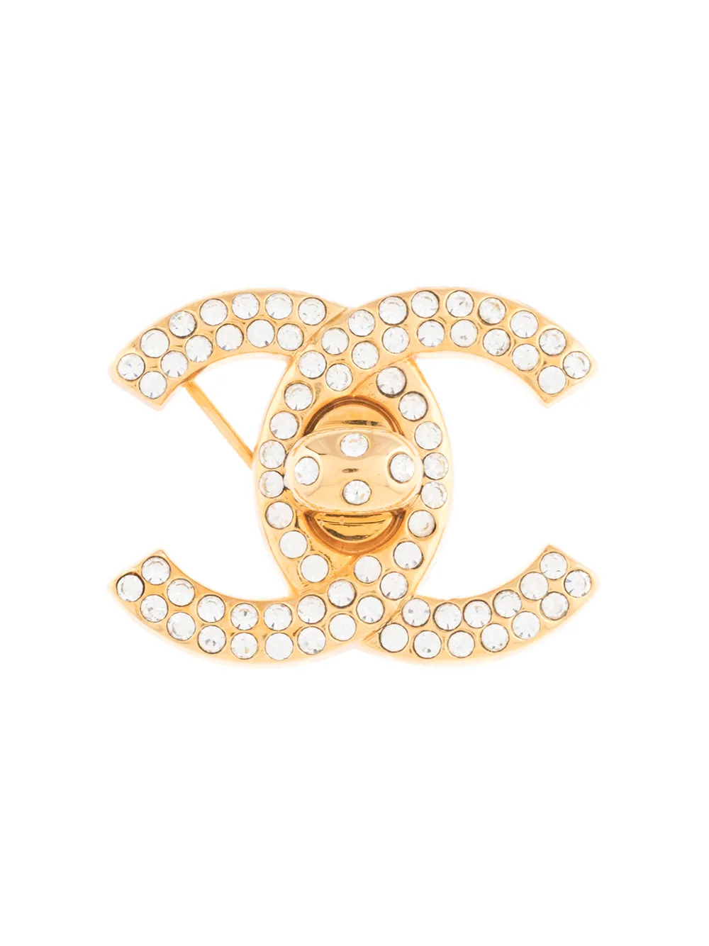 Pre-owned Chanel 1996 Cc Turn-lock Rhinestone-embellished Brooch In Gold