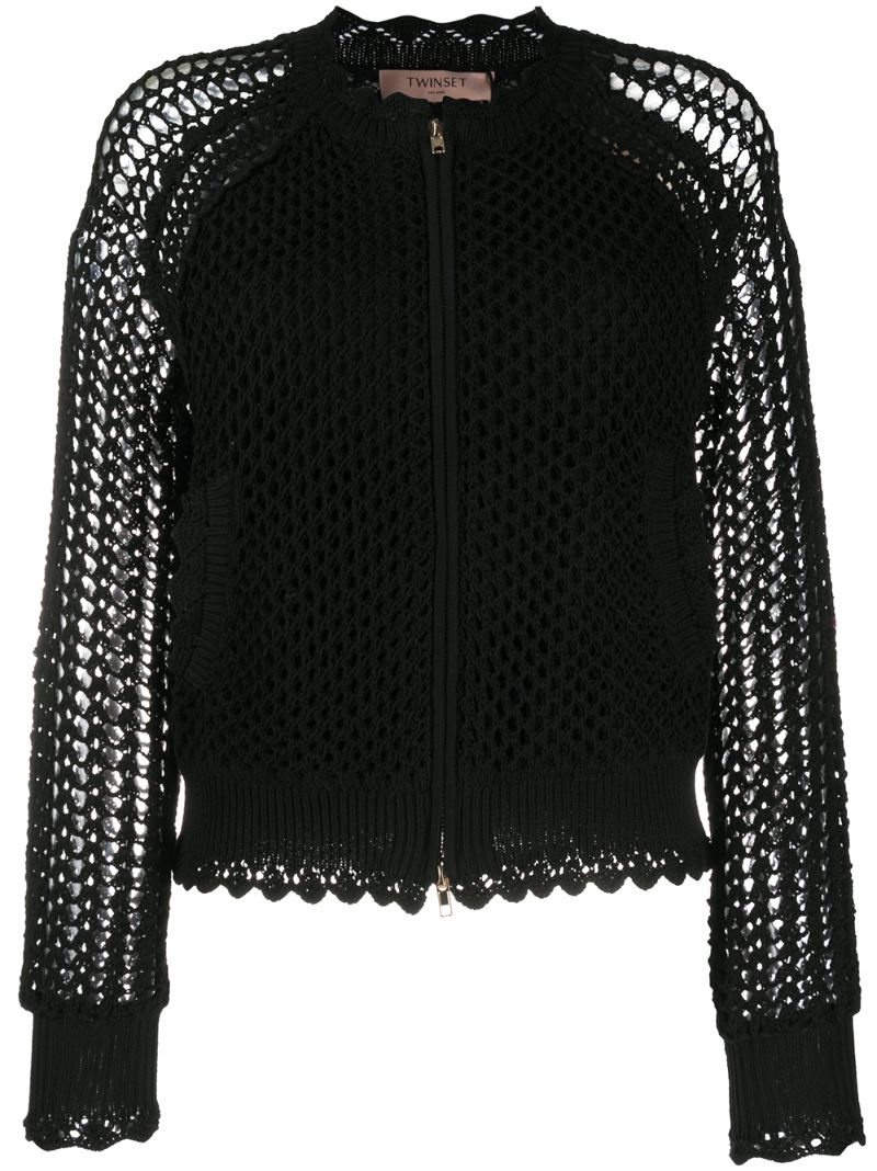 Twinset Mesh Knit Crochet Bomber Jacket In Black