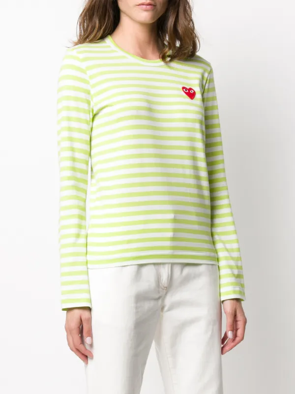 Comme Des Garcons Play Heart Print Striped T shirt Green FARFETCH PT