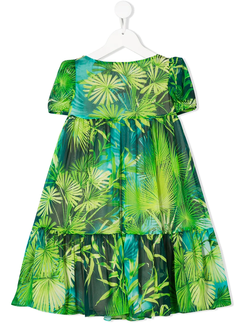 Young Versace Kids' Leaf Print Tiered Silk Dress In Green