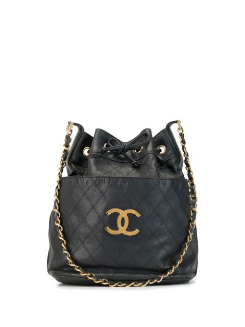 CHANEL 1990s stitch CC plate drawstring shoulder bag Women