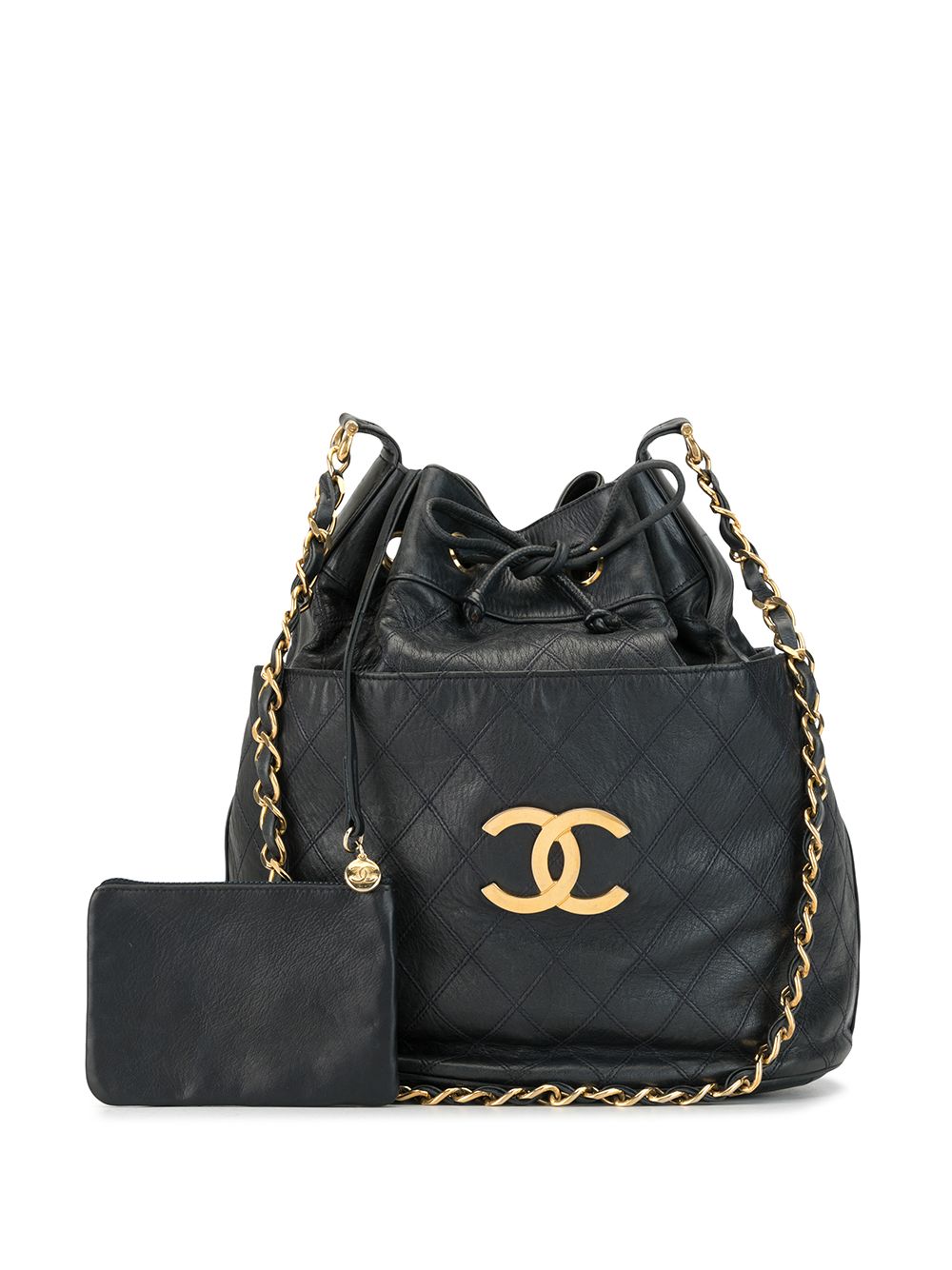 CHANEL 1990s stitch CC plate drawstring shoulder bag Women