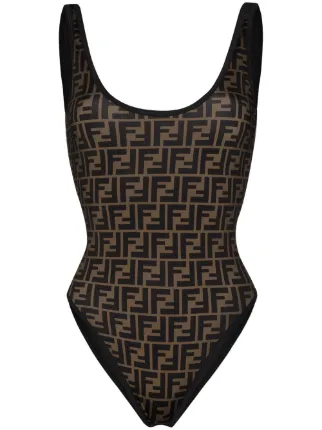 FENDI FF Logo Print Swimsuit Brown FARFETCH