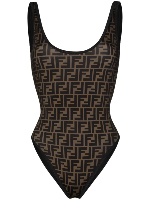 FENDI FF Logo Print Swimsuit Brown FARFETCH BH