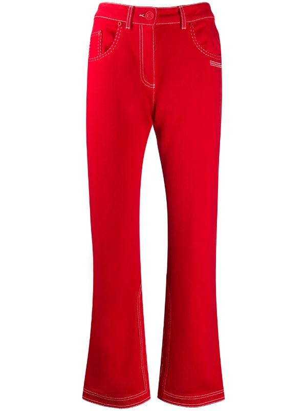 red jeans with white stitching