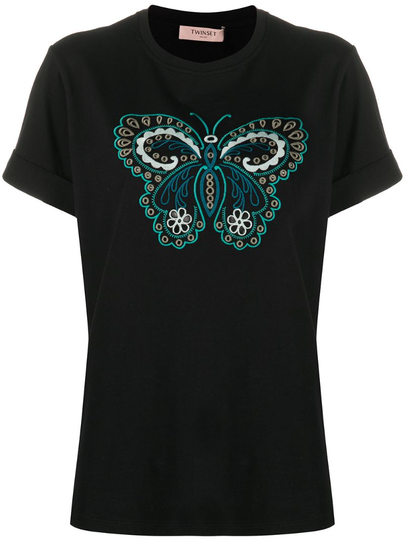 Twinset Butterfly Embroidered Round Neck T-shirt In Black