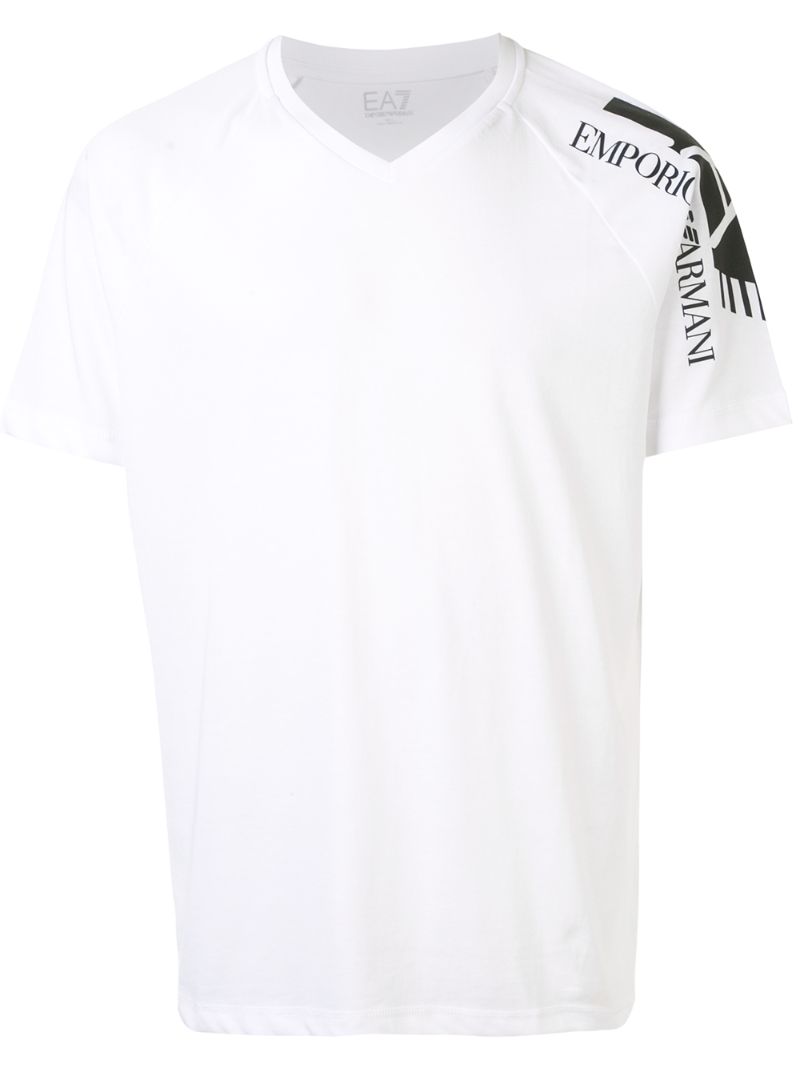 Ea7 V-neck Logo Printed T-shirt In White