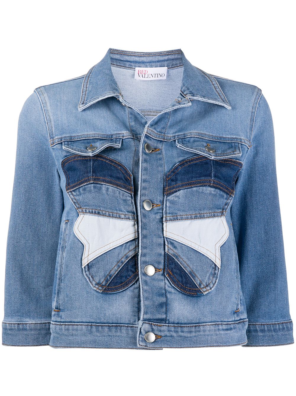 Red Valentino Butterfly Patchwork Cropped Denim Jacket In Blue