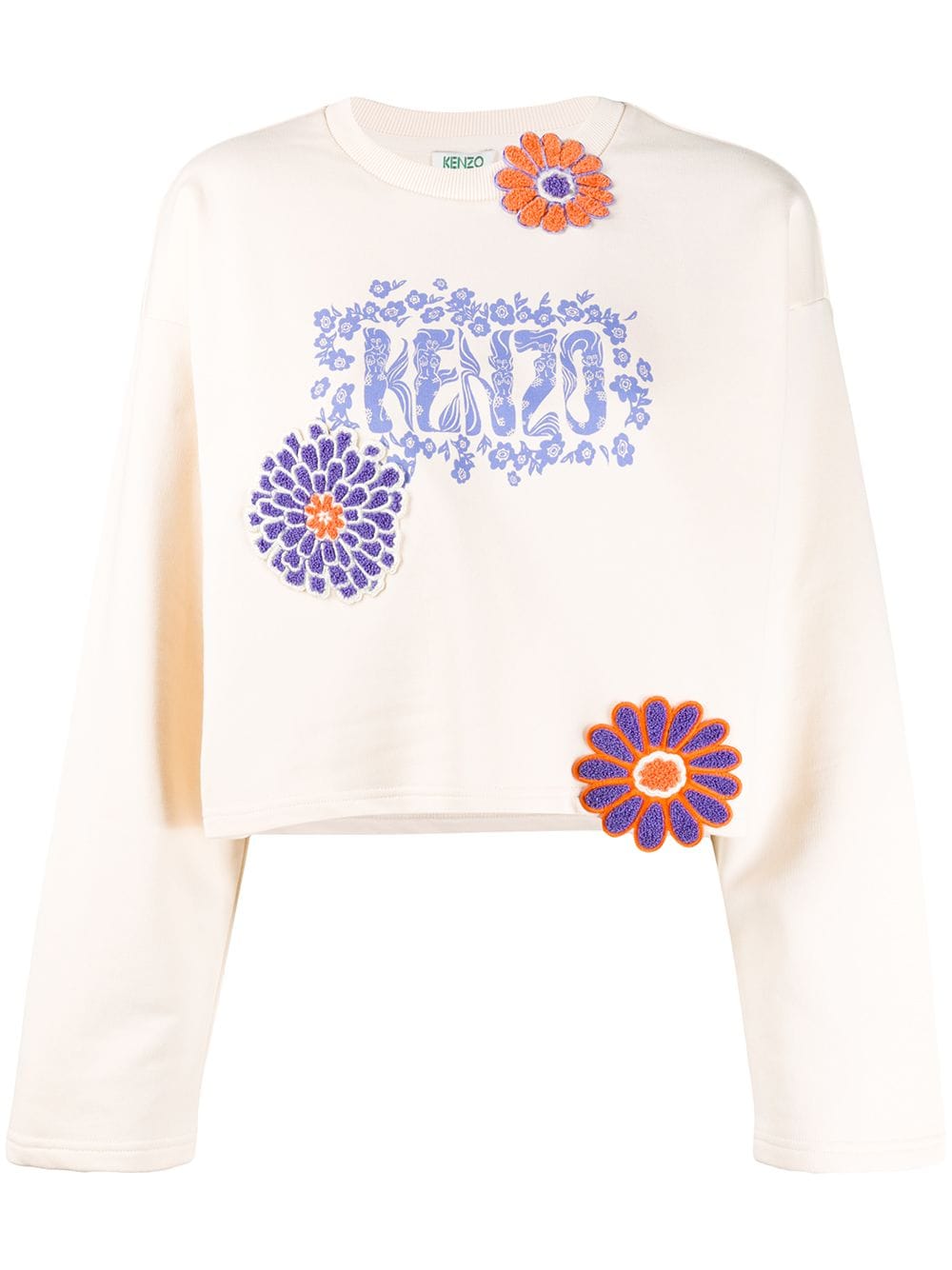 Kenzo Flower Embroidered Cropped Sweatshirt In Neutrals