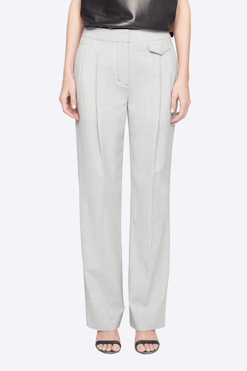Wool Chambray Wide Leg Trouser-grey #0 Wool Chambray Wide Leg Trouser, Ash grey wool-blend chambray wide-leg tailored trousers from 3.1 PHILLIP LIM featuring high waist, concealed front fastening, two diagonal pockets to the sides, front flap pocket, rear button-fastening pocket and loose fit. POSITIVELY CONSCIOUS: This product is made with a material widely recognised as being better for the planet, so you can be confident you are choosing positively .- 0