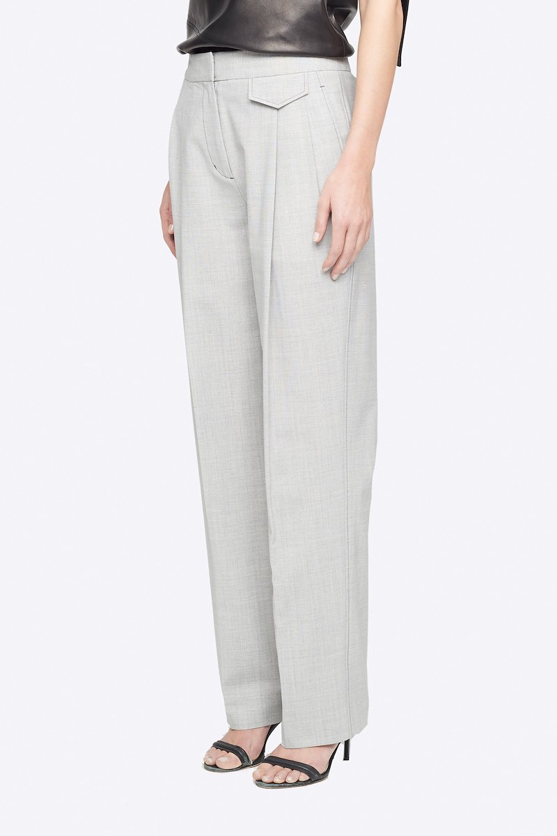 Wool Chambray Wide Leg Trouser-grey #1 Wool Chambray Wide Leg Trouser, Ash grey wool-blend chambray wide-leg tailored trousers from 3.1 PHILLIP LIM featuring high waist, concealed front fastening, two diagonal pockets to the sides, front flap pocket, rear button-fastening pocket and loose fit. POSITIVELY CONSCIOUS: This product is made with a material widely recognised as being better for the planet, so you can be confident you are choosing positively .- 1