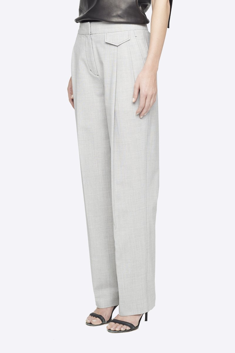 Wool Chambray Wide Leg Trouser-grey #1 Wool Chambray Wide Leg Trouser, Ash grey wool-blend chambray wide-leg tailored trousers from 3.1 PHILLIP LIM featuring high waist, concealed front fastening, two diagonal pockets to the sides, front flap pocket, rear button-fastening pocket and loose fit. POSITIVELY CONSCIOUS: This product is made with a material widely recognised as being better for the planet, so you can be confident you are choosing positively .- 3