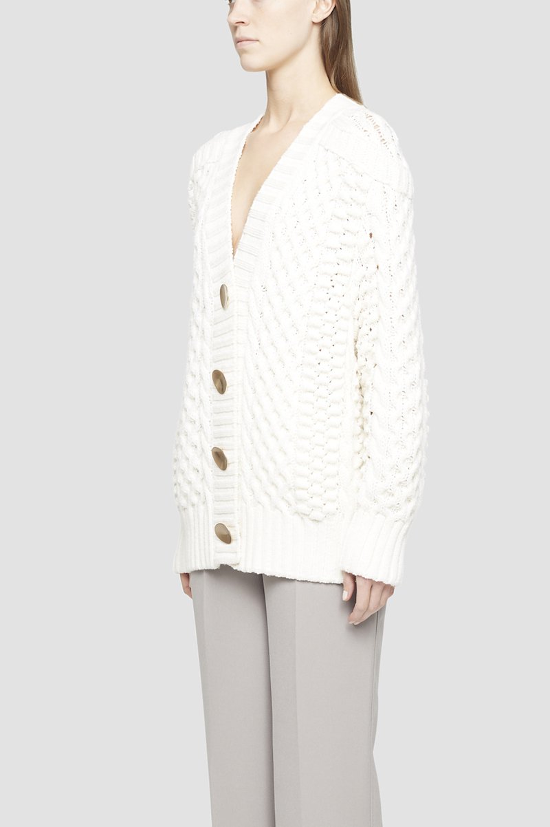 Cable Knit Cardigan-white #1 Cable Knit Cardigan, White wool-blend cable-knit buttoned cardigan from 3.1 PHILLIP LIM featuring cable knit, front button fastening, V-neck, ribbed cuffs, ribbed hem and long sleeves.- 1