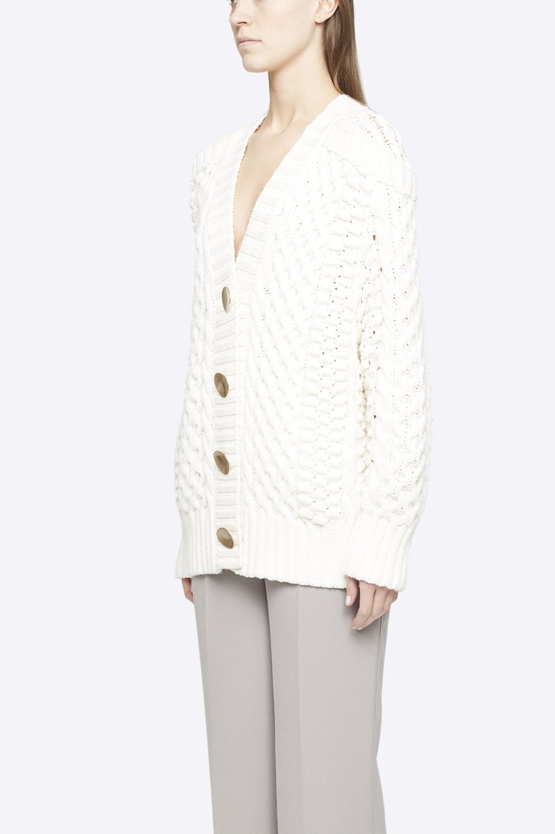 Cable Knit Cardigan-white #1 Cable Knit Cardigan, White wool-blend cable-knit buttoned cardigan from 3.1 PHILLIP LIM featuring cable knit, front button fastening, V-neck, ribbed cuffs, ribbed hem and long sleeves.- 3