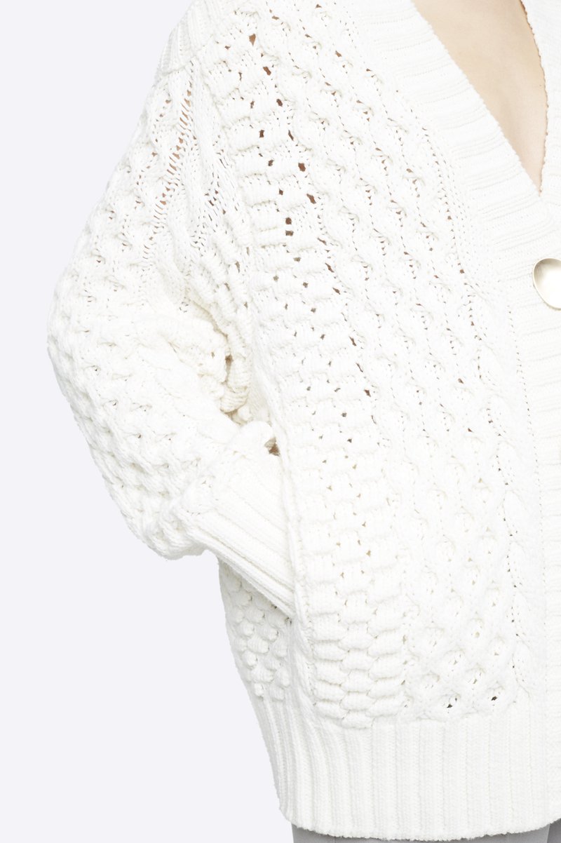 Cable Knit Cardigan-white #1 Cable Knit Cardigan, White wool-blend cable-knit buttoned cardigan from 3.1 PHILLIP LIM featuring cable knit, front button fastening, V-neck, ribbed cuffs, ribbed hem and long sleeves.- 5