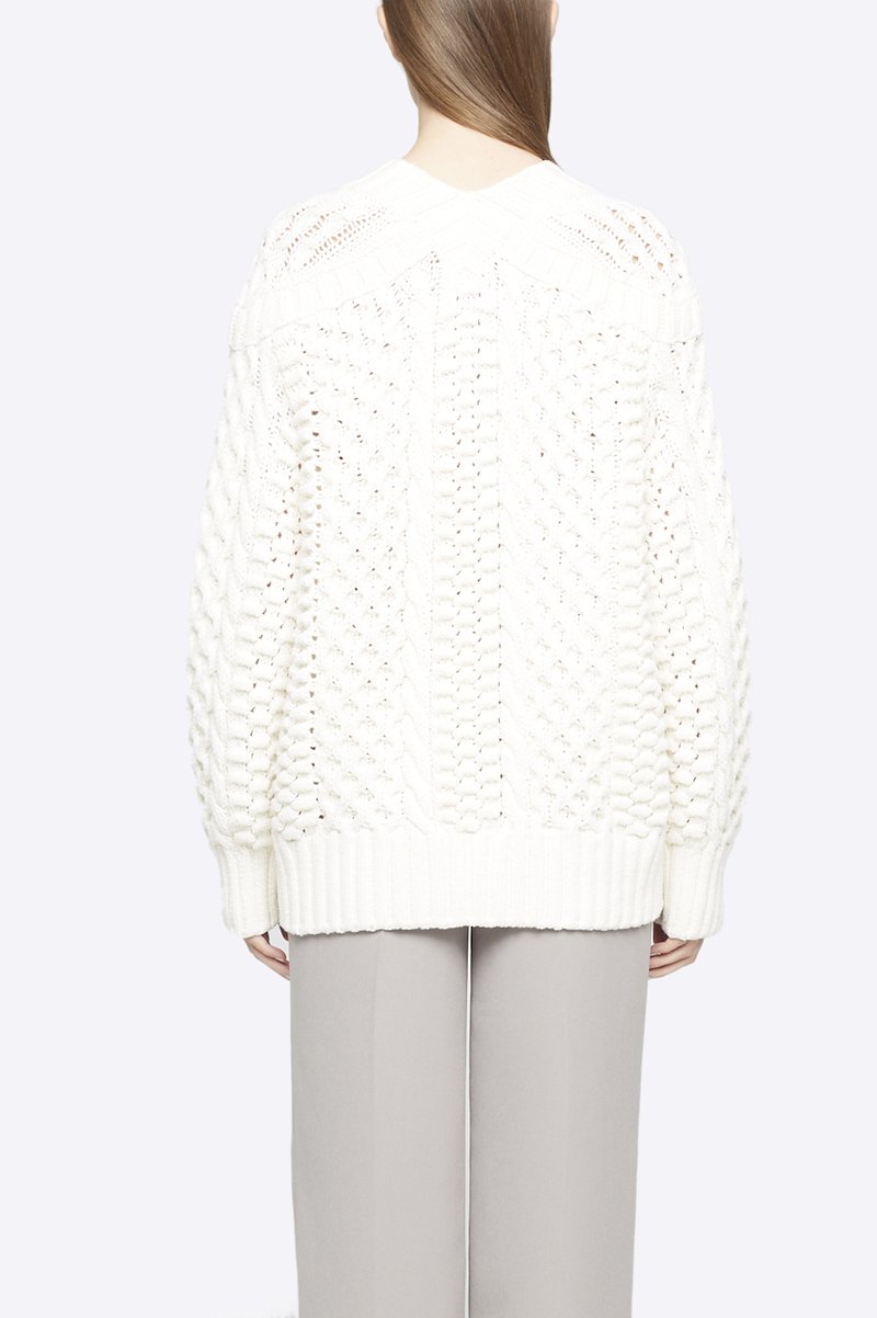 Cable Knit Cardigan-white #0 Cable Knit Cardigan, White wool-blend cable-knit buttoned cardigan from 3.1 PHILLIP LIM featuring cable knit, front button fastening, V-neck, ribbed cuffs, ribbed hem and long sleeves.- 4
