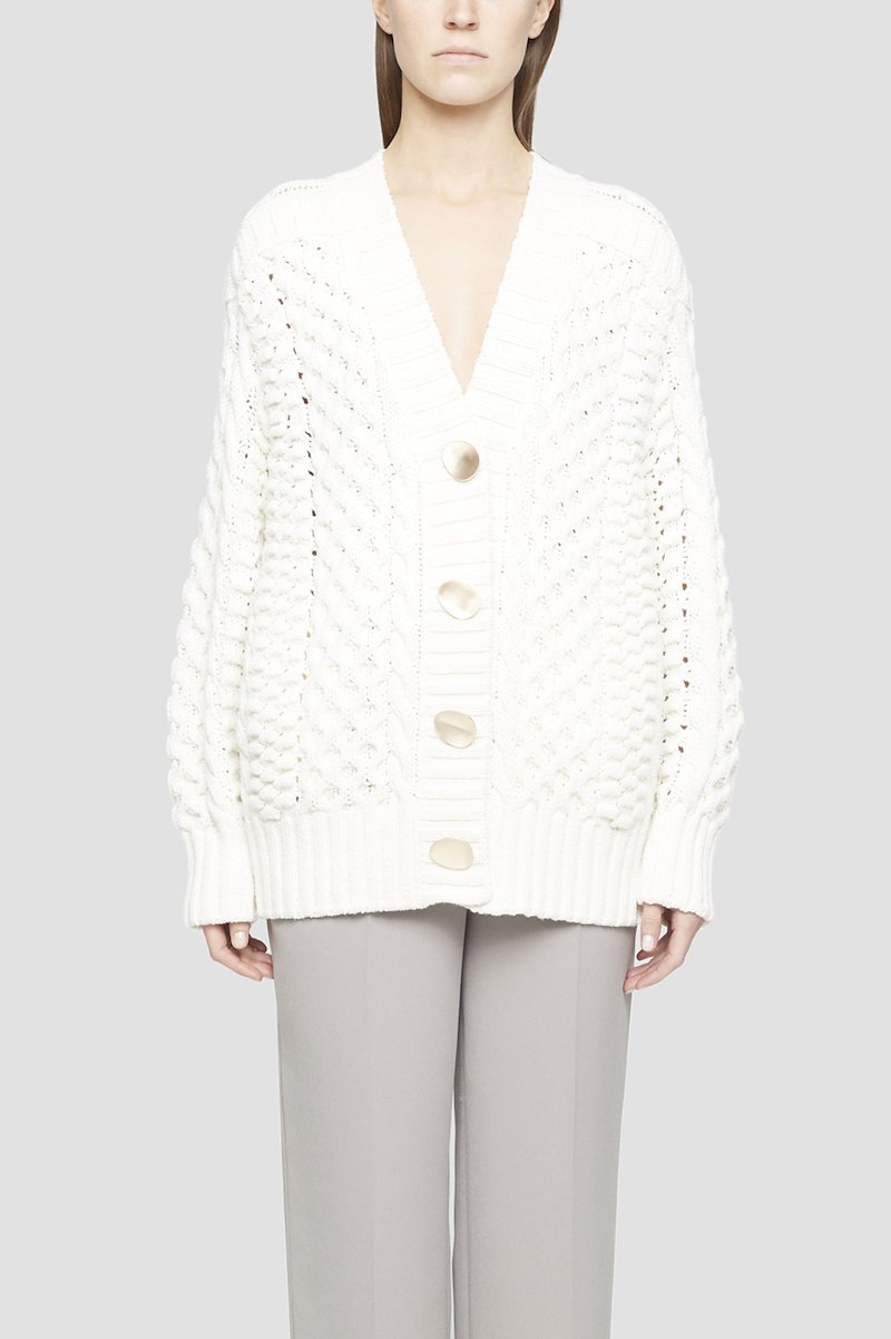 Cable Knit Cardigan-white #0 Cable Knit Cardigan, White wool-blend cable-knit buttoned cardigan from 3.1 PHILLIP LIM featuring cable knit, front button fastening, V-neck, ribbed cuffs, ribbed hem and long sleeves.- 0
