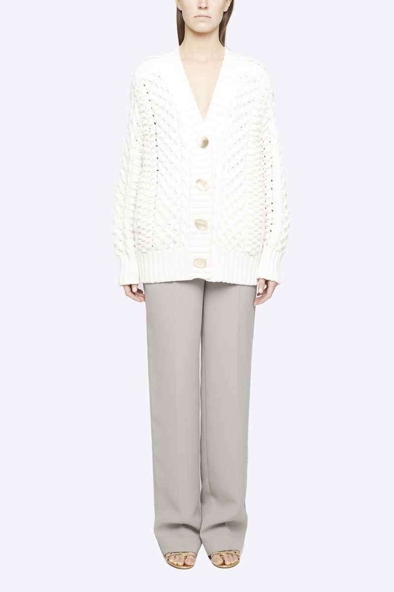 Cable Knit Cardigan-white #0 Cable Knit Cardigan, White wool-blend cable-knit buttoned cardigan from 3.1 PHILLIP LIM featuring cable knit, front button fastening, V-neck, ribbed cuffs, ribbed hem and long sleeves.- 6