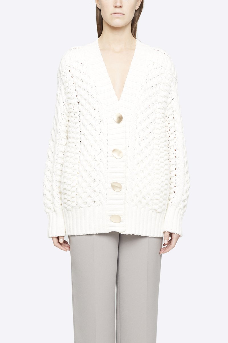 Cable Knit Cardigan-white #0 Cable Knit Cardigan, White wool-blend cable-knit buttoned cardigan from 3.1 PHILLIP LIM featuring cable knit, front button fastening, V-neck, ribbed cuffs, ribbed hem and long sleeves.- 2