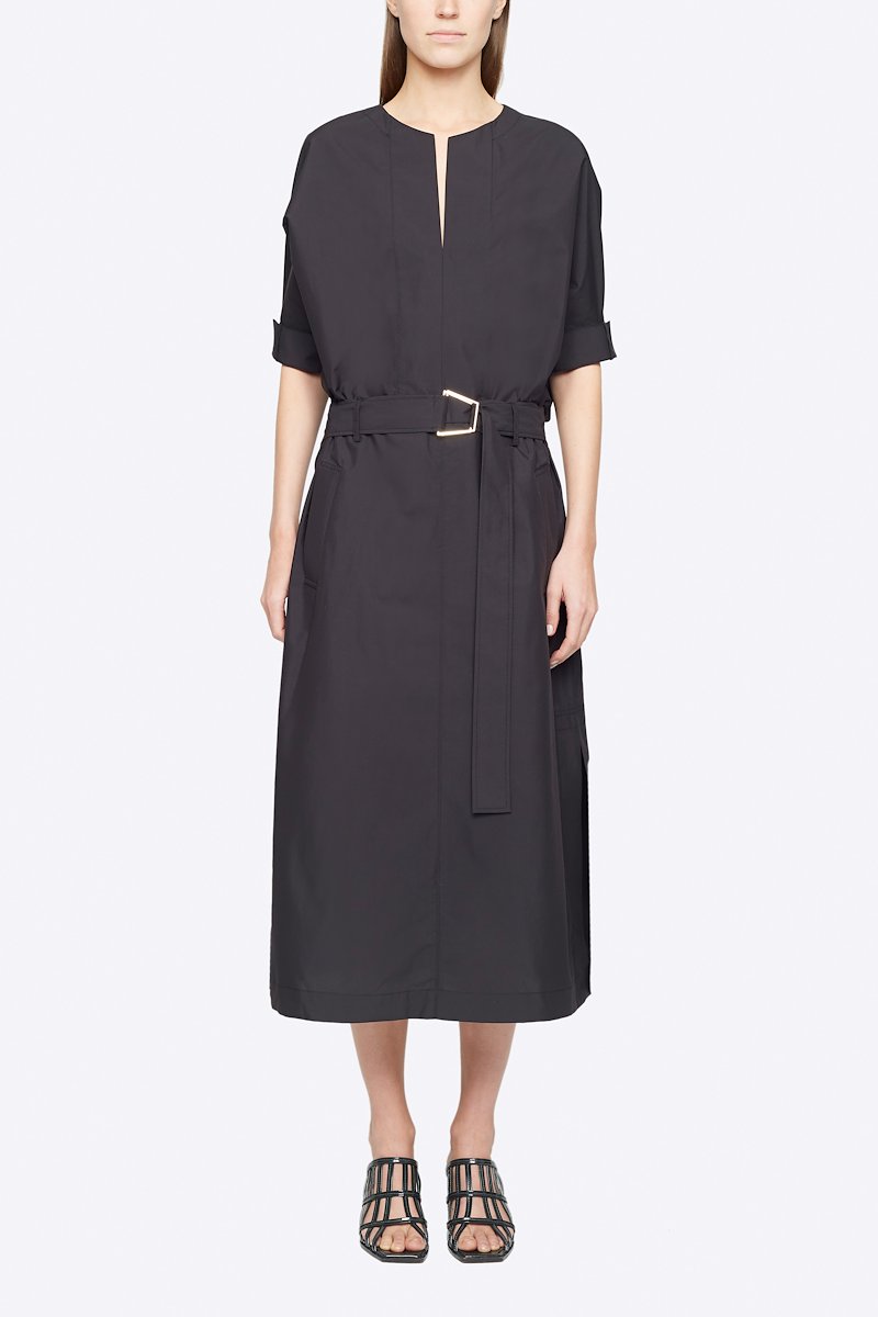 Dolman Sleeve Belted Dress-black #0 Dolman Sleeve Belted Dress, Black cotton short sleeved belted dress from 3.1 PHILLIP LIM featuring round split neck, dolman sleeves, belted waist, two side slit pockets and side slits.- 0