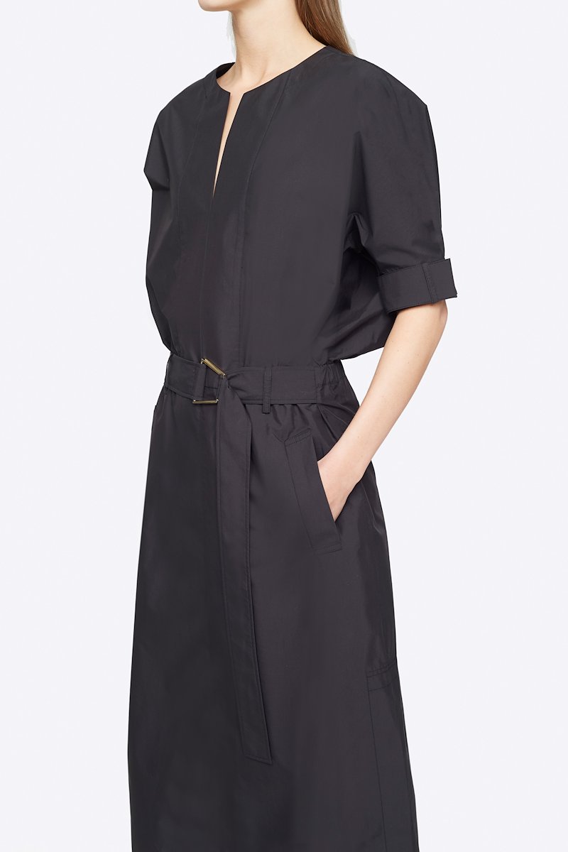 Dolman Sleeve Belted Dress-black #1 Dolman Sleeve Belted Dress, Black cotton short sleeved belted dress from 3.1 PHILLIP LIM featuring round split neck, dolman sleeves, belted waist, two side slit pockets and side slits.- 3